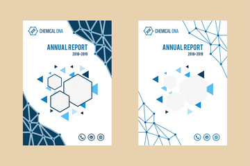 annual report cover design template for chemical industry with vertical layout. white background with polygonal triangle, dot, hexagon element design. space for photo collage with blue color. 