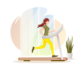 Young woman running on a treadmill at home. Running, Sport training, Healthy lifestyle, Energy, Fitness. Cardio workout concept. Isolated vector illustration for poster, banner, placard, card, cover.