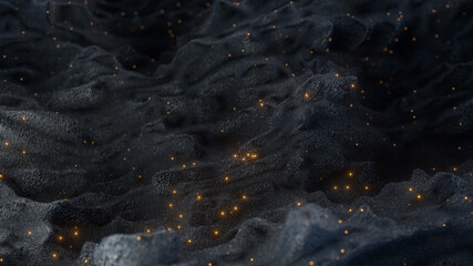 Magic terrain with glowing lava dots 3D render