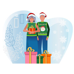 New Year's illustration.
An elderly couple is surrounded by gifts. The concept of family vacation and celebration of New Year and Christmas. Graphic cartoon style. Winter theme.