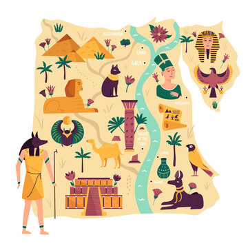 Illustrated map of Egypt with ancient landmarks, symbols, cities, statues. Vector illustration