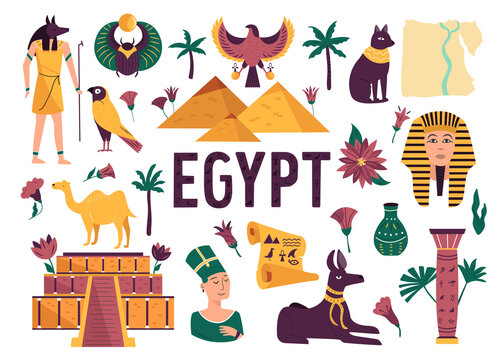 Set of symbols, landmarks, objects of ancient Egypt. Vector illustration