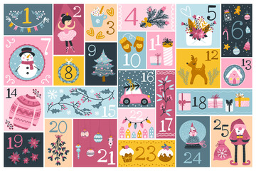 Christmas advent calendar with cute characters and festive elements in different shapes, in a childish hand-drawn Scandinavian style. Limited palette ideal for printing.