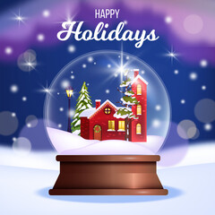 Winter Christmas and Happy New Year illustration with snow crystal ball, little red house, pine tree. X-mas holiday postcard with glass globe, fir, drifts. Festive banner with crystal ball souvenir © Oleksandra