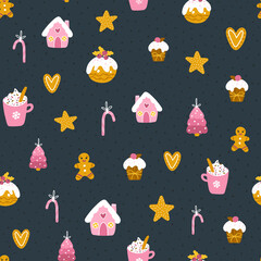 Christmas sweets seamless pattern. Vector hand-drawn illustration of cupcakes, gingerbread cookies of different shapes and shapes, decorated for the holidays. Cute Pastel Palette