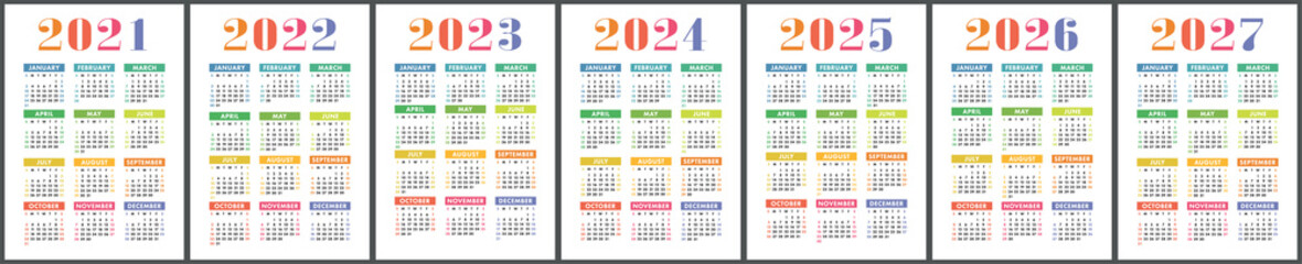 Calendar 2021, 2022, 2023, 2024, 2025, 2026 and 2027. English colorful vector set. Vertical wall or pocket calender template. Design collection. New year. Week starts on Sunday