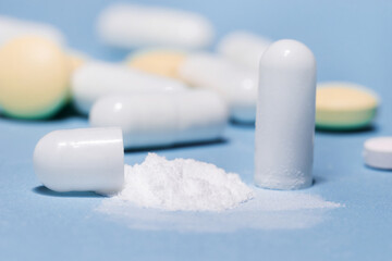 close up. medicines on a blue background.