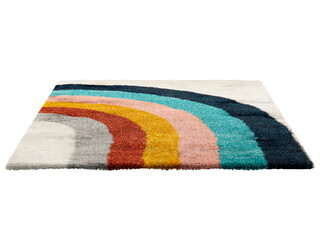 Modern light beige carpet with a colorful rainbow pattern. Contemporary rug with cotton fabric base and high pile on white background. Mid-century, Farmhouse, Chalet, Scandinavian interior. 3d render