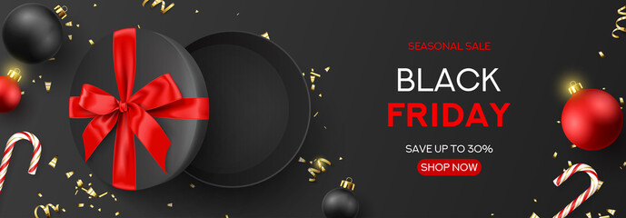Black Friday sale banner template. Holiday background with round gift box, Christmas balls, candy canes and confetti on dark background. Horizontal banner for Black Friday sale. Vector illustration.