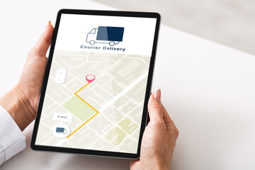 Courier delivery check, gps navigation and online shopping