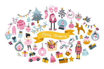 Obraz na płótnie Canvas Big Christmas set greeting card with cute characters and festive elements in the shape of an oval, in a childish hand-drawn Scandinavian style with lettering. Pastel palette.