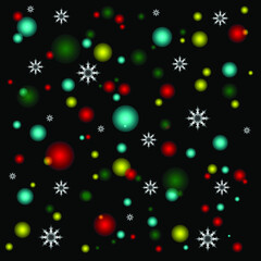 Fototapeta premium Colored lights. Blue, red, green, yellow highlights. New snowflakes on a black background. Christmas background with snowflakes. Christmas card. Background for the screen. Vector.