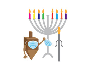 Hanukkah 2020 - Vector illustration of Brown spinning top wearing Blue face mask and giving a face mask to Hanukkah candle, Hanukkah Menorah and colorful candles on the background