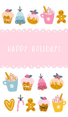 Christmas card with sweets. Vector hand-drawn illustration of cupcakes, gingerbread cookies of different shapes and shapes, decorated for the holidays. Cute Pastel Palette
