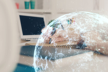 Social network theme hologram over woman's hands writing background. Concept of international people connect. Double exposure