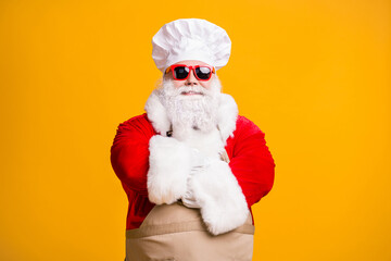 Photo of santa claus in chef culinary headwear cross hands cook x-mas christmas noel meal wear...