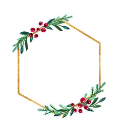 Watercolor winter Christmas wreath with berries and gold geometric frame