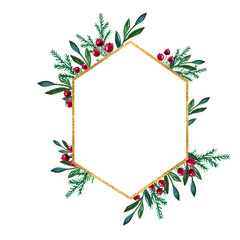 Watercolor winter Christmas wreath with berries and gold geometric frame