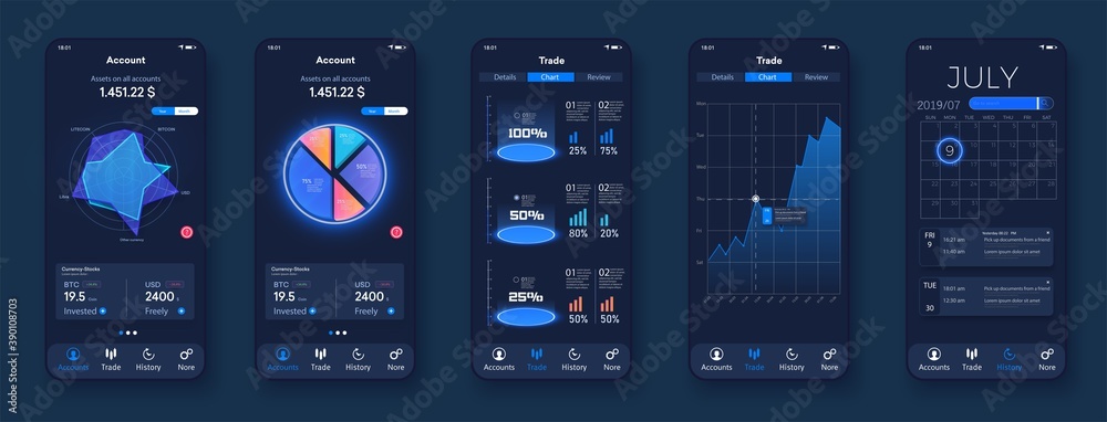 Poster pie charts, workflow, web design, ui/ux elements. phone screen with modern dashboard admin analytics