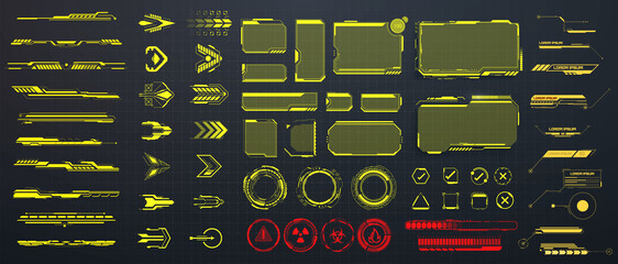 Large set of frames, circles and arrows in a futuristic style. Set of Sci Fi Modern User Interface Elements. Callouts titles and screen futuristic frame in HUD style. Vector illustration HUD, GUI, UI © ZinetroN