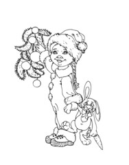 Hand drawn vector illustration. Christmas card.
A girl and a bunny.
A girl decorates a Christmas tree.