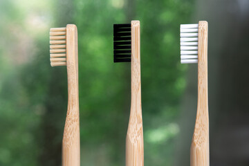 three bamboo toothbrushes close-up on nature background. green bokeh. biodegradable materials. environmentally friendly plastic substitute.