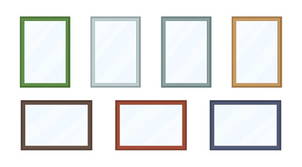 Empy blank vector 3d realistic rectangle photo frame with white paper, acrylic glass and pastel coloured wooden borders. Isolated object on a background