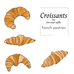 Set of croissants, hand-drawn on a white background. French pastries vector illustration. Colorful drawing for your design.