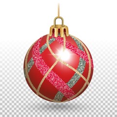 Christmas tree toy, red ball with bright glitter. 3D realistic illustration on a transparent background.