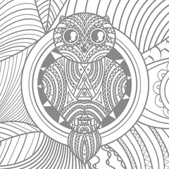 Square pattern with zen owl. Design for spiritual relaxation for adults. Black and white image