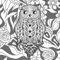 Square ornate pattern with outlined owl. Hand drawn ornate background. Black and white illustration