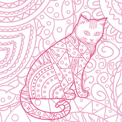 Square pattern with abstract cat. Hand drawn background. Design for spiritual relaxation for adults