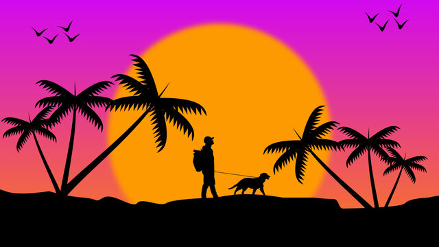 A Miami picture at the sunset. A man walking his dog on the beach.