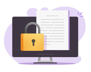 Document secure confidential private online access lock on computer vector, internet digital web privacy protection on text file flat icon, concept of secret website data padlock modern design
