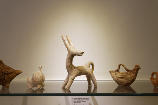 Clay figurine of wild goat with harmonious plasticity, from the vaulted tomb at Porti Messara, Prepalatial period (2500-2000 BC)