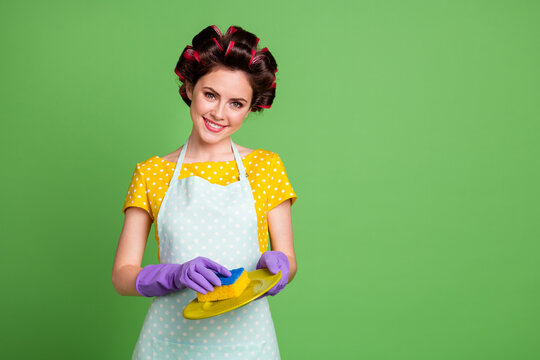 Photo positive wife retro vintage girl wash plates sponge have family gathering event use violet gloves wear yellow dotted dress hair rollers isolated green color background