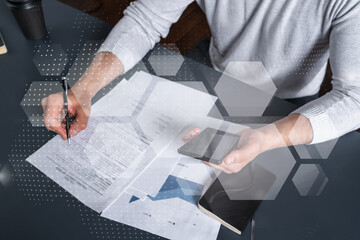 Double exposure of man signing contract with phone and abstract technology network icon hologram. Concept of international business of data and information.