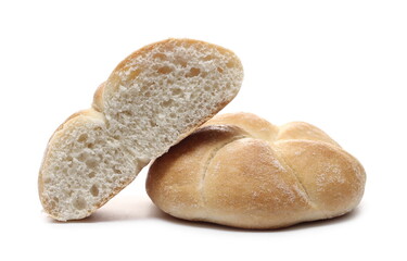 Fototapeta na wymiar Kaiser roll bread with sliced half isolated on white background