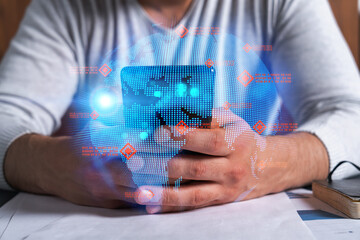 Man using phone. Hands typing smartphone. Double exposure with world map planet earth hologram. Close up. Internet and people connection concept.