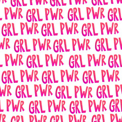 Grl pwr pink seamless pattern. Women movement typographic background. Feminist quote girl print. Girl power feminism slogan. Comic style girly lettering vector illustration.