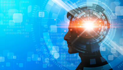 Male cyborg profile portrait over blue background