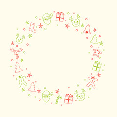 Merry Christmas and Happy New Year - layout of greeting card with festive ornaments. Vector.