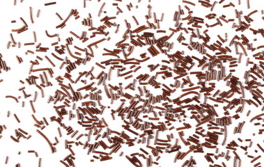 Chocolate sprinkles for cake and pastry topping isolated on white background and texture, top view