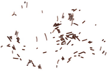 Chocolate sprinkles for cake and pastry topping isolated on white background and texture, top view