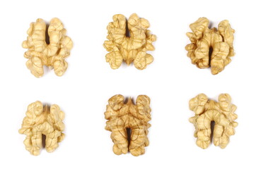 Unshelled walnuts set and collection isolated on white background, top view