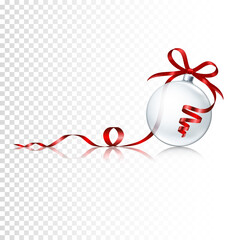 Transparent realistic Christmas ball with ribbon, isolated.