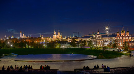 Moscow. October 10, 2020. Night view of the Kremlin, churches and temples from the steps of the open-air stage in the Zaryadye Park.