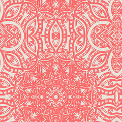 Woodblock printed orange seamless ethnic floral geometric border. Traditional oriental ornament of India Kashmir, flowers wave and arcade motif, beige  on orange background. Textile design.