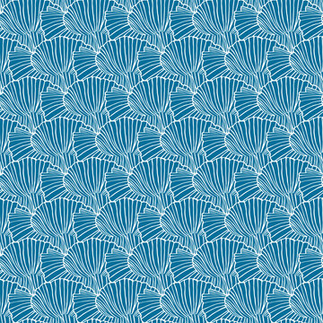 Marine seamless pattern with abstract shape of a shell. The hand drawn texture on a blue. Repeating linear background.
