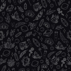 Mystical vector seamless pattern with hand-drawn magical and occult illustrations. Magic elements. Graphic background in vintage style. White elements on black background, chalk on board